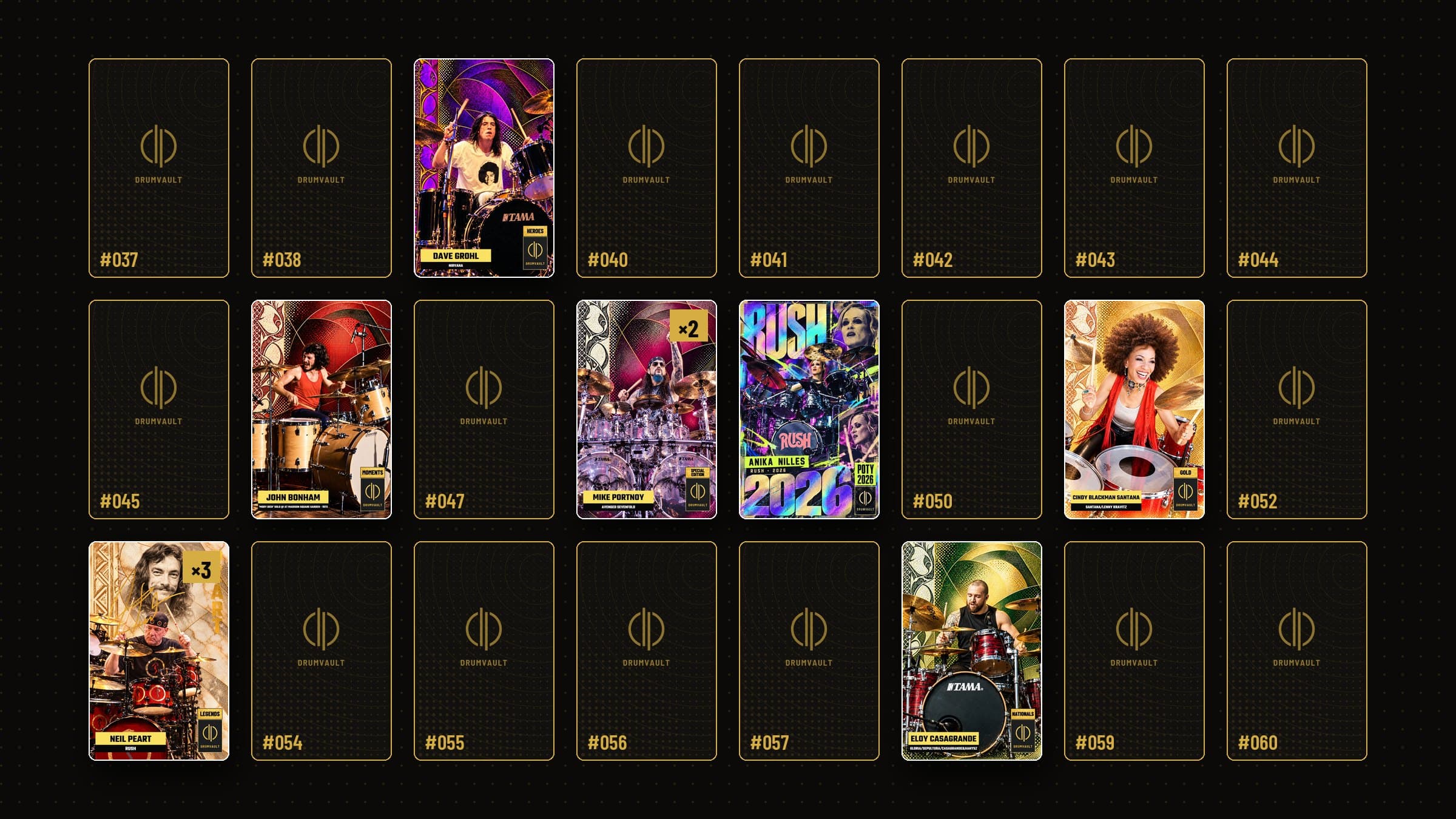 Simulação do My Vault: álbum numerado com cartas obtidas, faltantes e repetidas